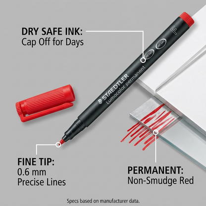 Ecommerce graphic of a red fine marker with removed cap and callout labels for top capabilities.