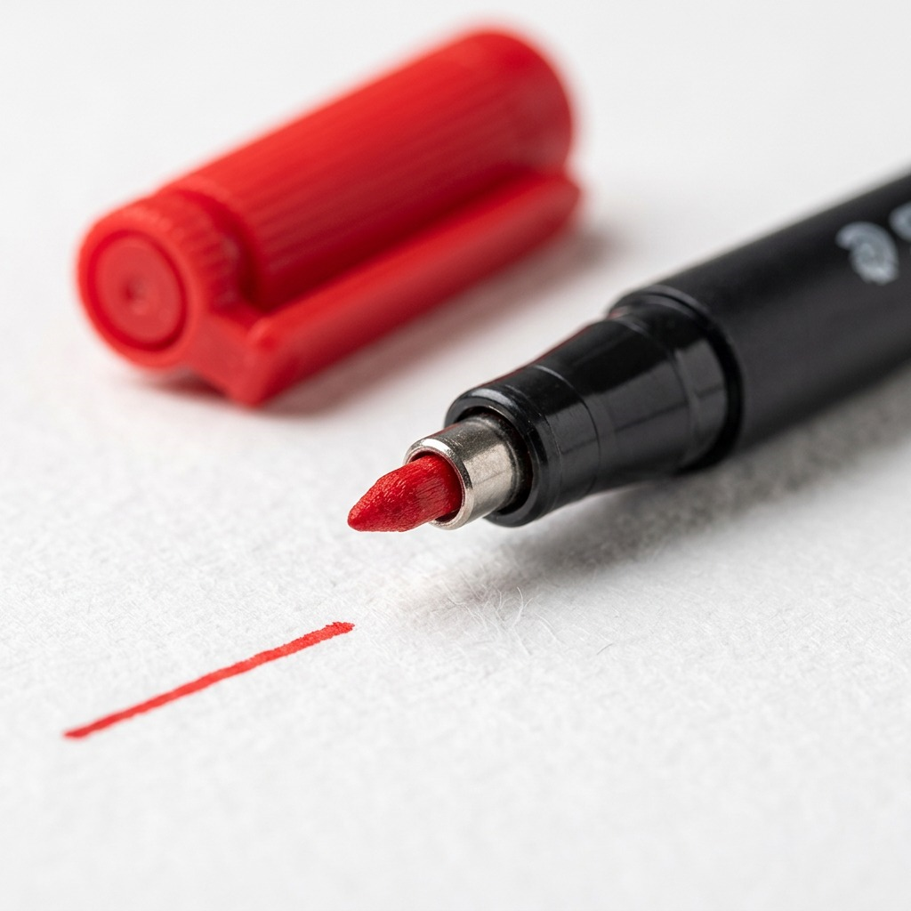 A detailed macro photograph showing the red tip of a STAEDTLER permanent marker on white paper.