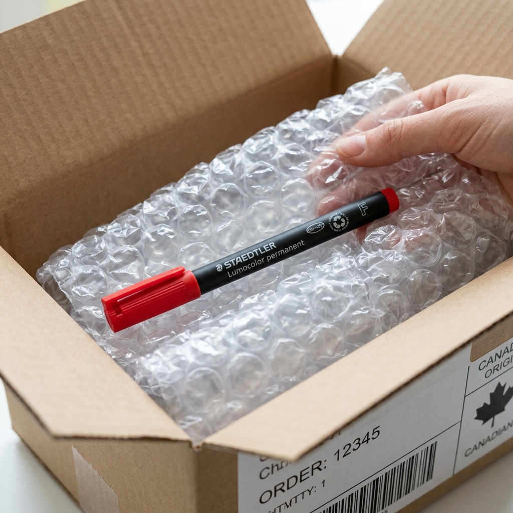 A realistic image showing the STAEDTLER permanent marker safely protected in secure bubble wrap packaging within a shipping box, ensuring damage-free delivery.