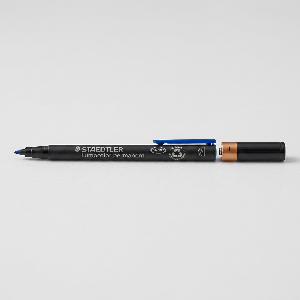 A realistic photo of the blue STAEDTLER permanent marker from image_0.png placed horizontally beside a standard-sized AA battery on a light grey desk.