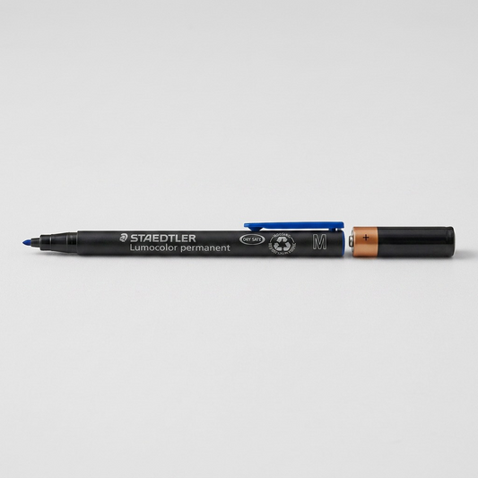 A realistic photo of the blue STAEDTLER permanent marker from image_0.png placed horizontally beside a standard-sized AA battery on a light grey desk.