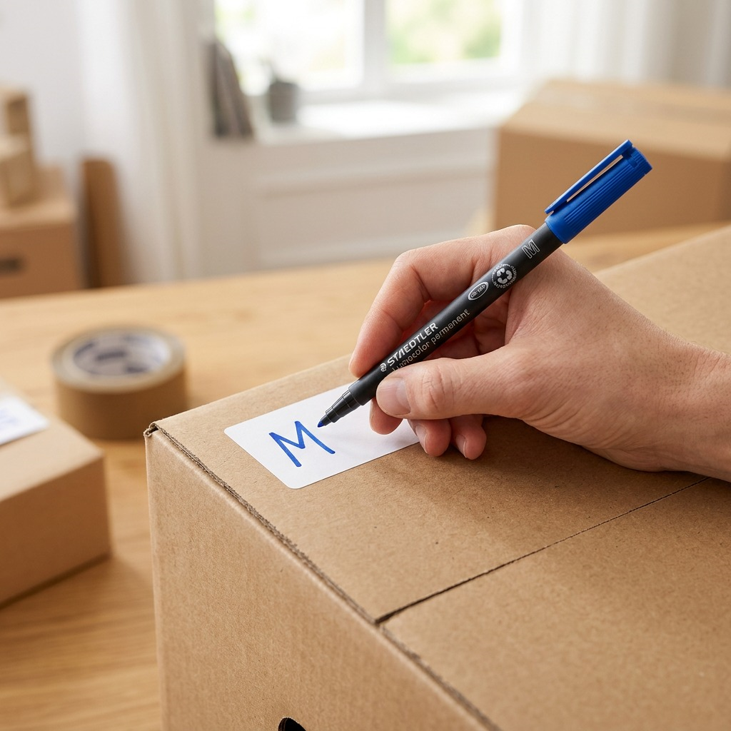 A close-up photograph of the blue Staedtler 317 marker being used to write on a white label on a cardboard box.