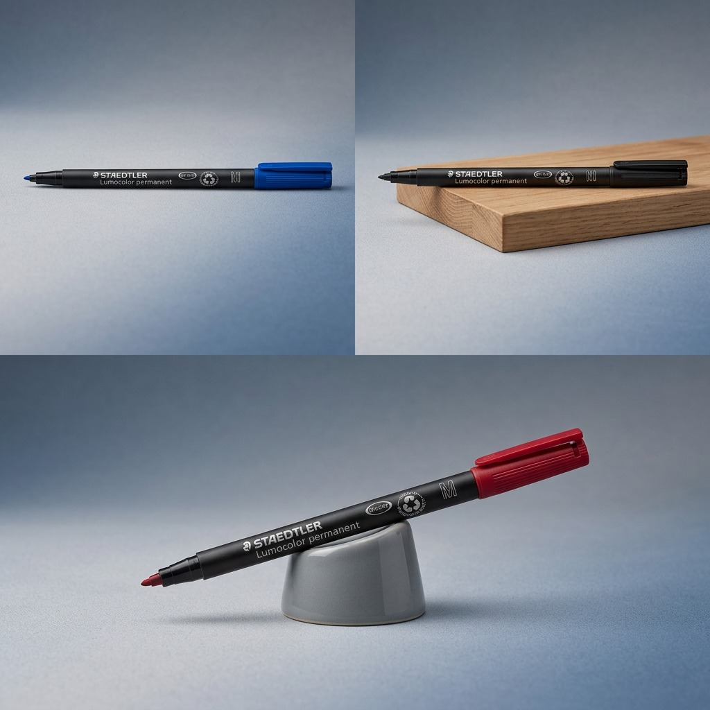 A matrix of three STAEDTLER permanent markers, showing the blue (image_0.png), black, and red versions side-by-side.