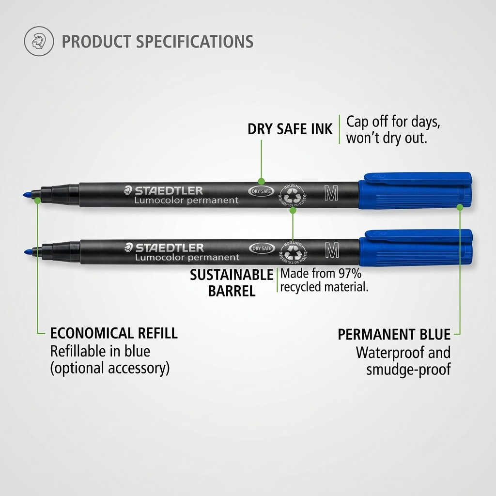 STAEDTLER Lumocolor permanent blue marker features graphic for operational features like dry-safe ink and recycled content.