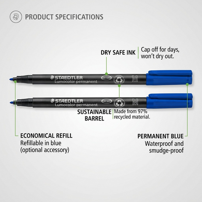 STAEDTLER Lumocolor permanent blue marker features graphic for operational features like dry-safe ink and recycled content.