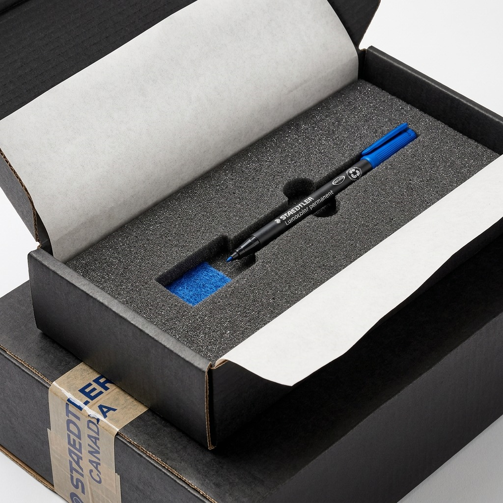 Secure unboxing of a STAEDTLER permanent marker from custom foam packaging and cardboard box.