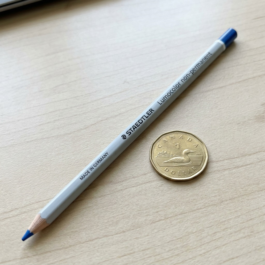A close-up image showing a STAEDTLER blue pencil positioned lengthwise next to a silver Canadian Loonie coin on a textured light wooden surface.