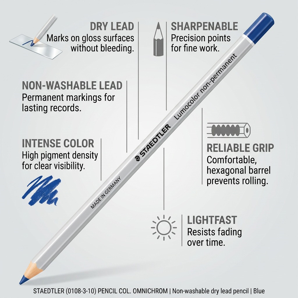 A factual feature callout matrix for the STAEDTLER (0108-3-10) omnichrom pencil.