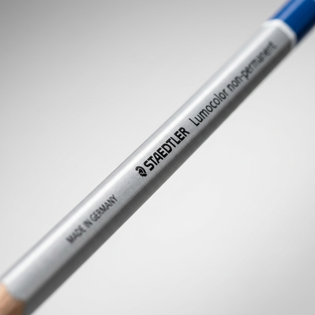 Detail shot of silver STAEDTLER pencil with legible brand and origin text on the barrel.
