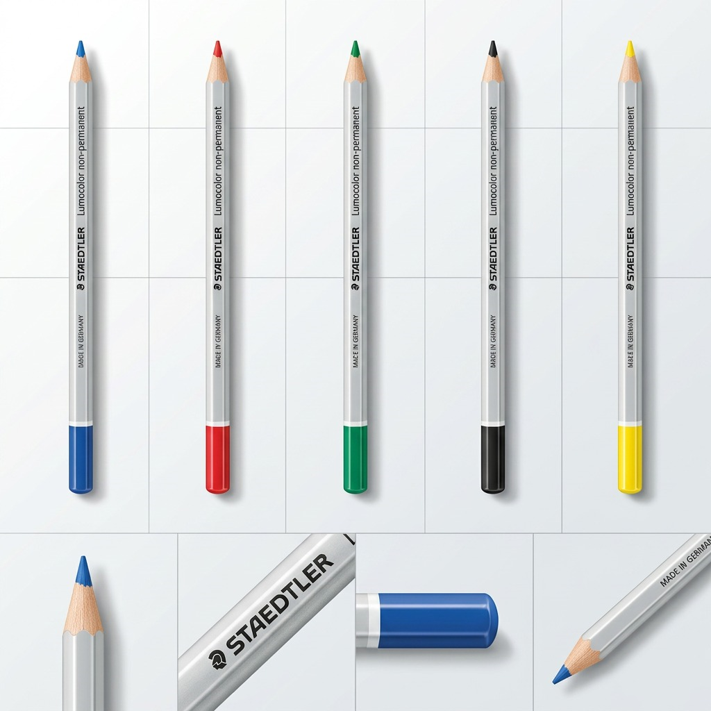 A product variant matrix displaying five different colors and detailed angles of the STAEDTLER pencil.