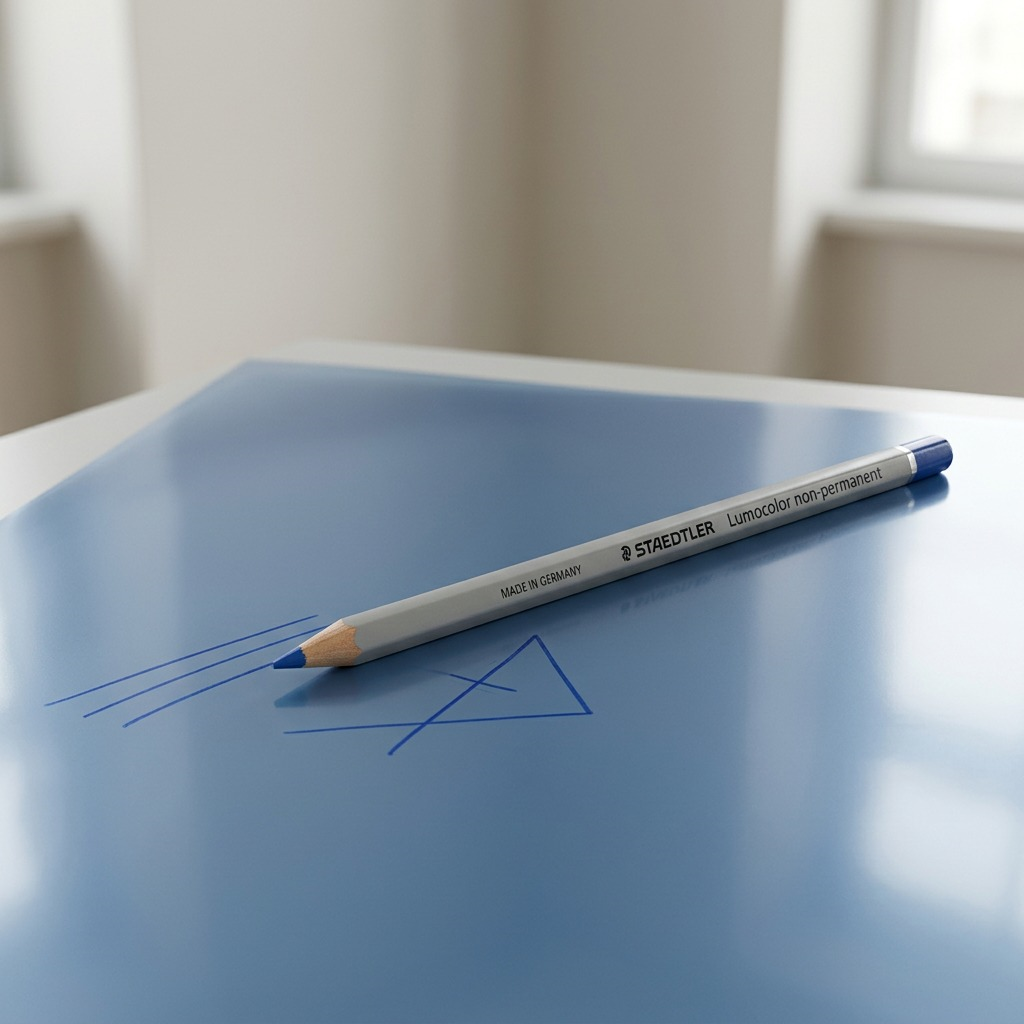 A close-up photograph of the Staedtler non-permanent pencil being used to mark on a glossy surface.