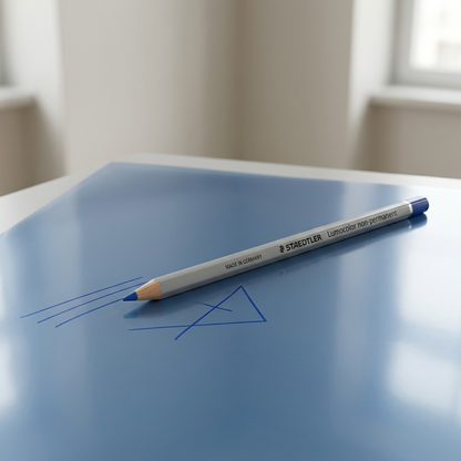A close-up photograph of the Staedtler non-permanent pencil being used to mark on a glossy surface.