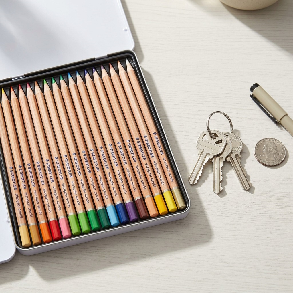 A top-down view shows an open 18-pack STAEDTLER watercolor pencil tin next to a set of standard house keys.