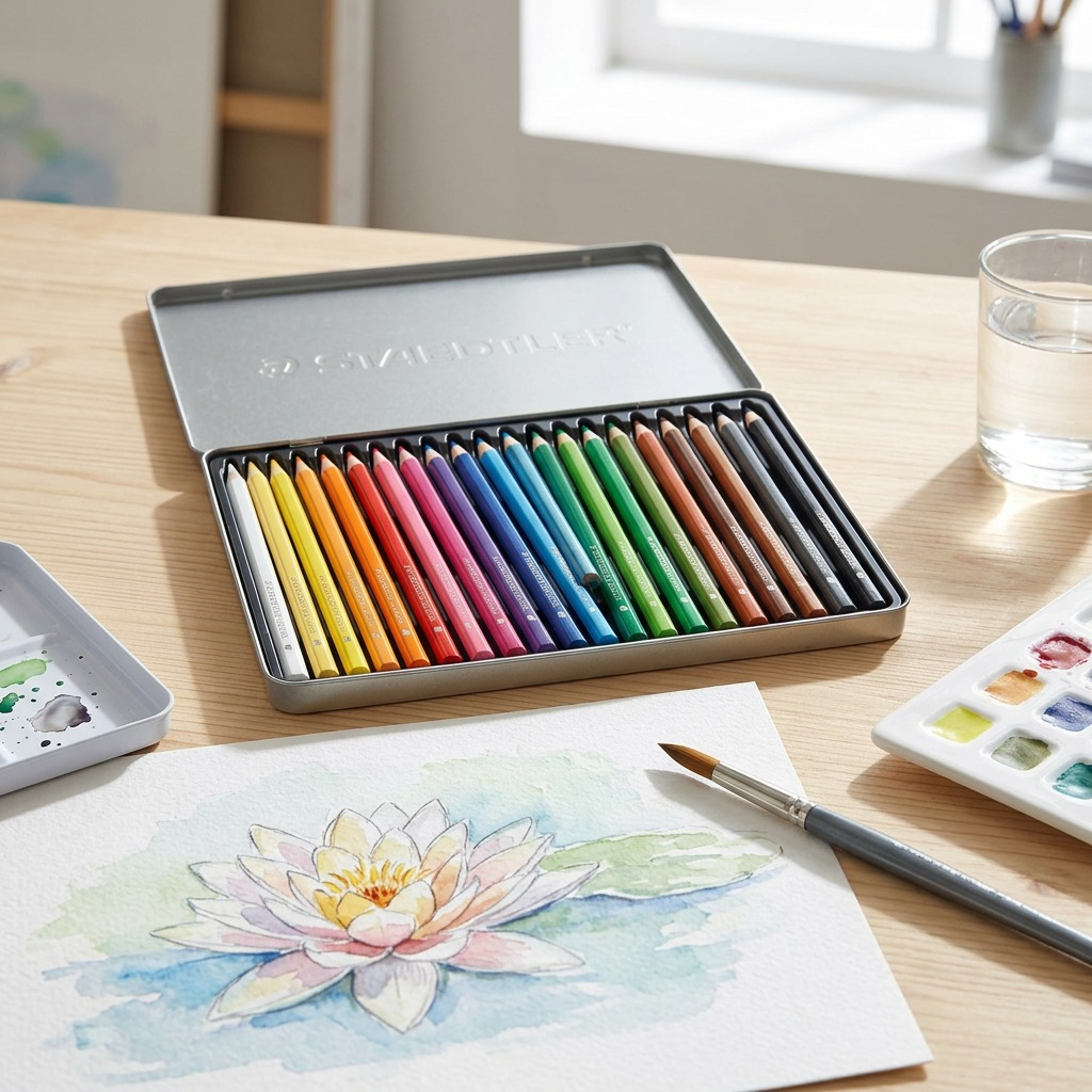Lifestyle shot: open Staedtler tin of 18 watercolor pencils on a desk, next to a brush and unfinished watercolor artwork.
