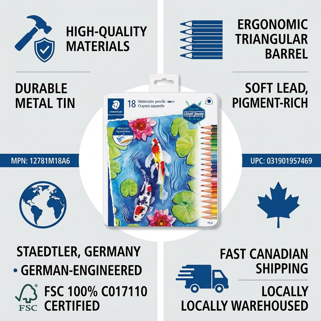 Product info matrix for STAEDTLER pencils, featuring build quality and fast Canadian shipping cues.