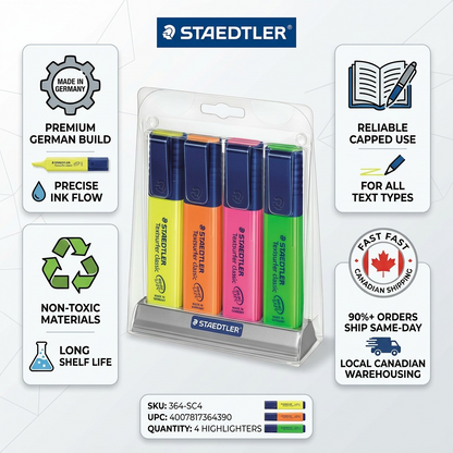 An infographic for STAEDTLER highlighter set 364-SC4, detailing features like German build, fast Canadian shipping, material quality, and compact design.