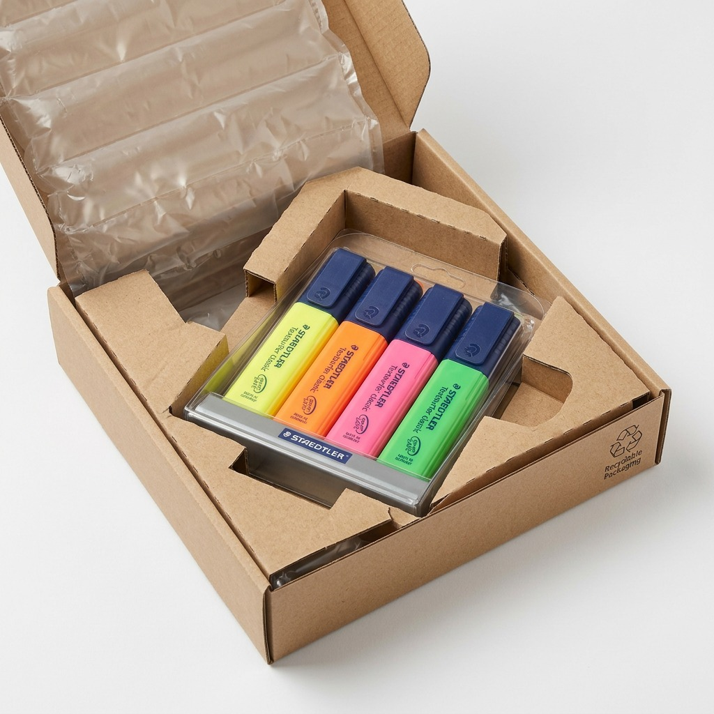 A 3/4 view photograph of the STAEDTLER highlighter set in its clear blister pack, securely enclosed within a custom-fit, corrugated cardboard protective insert inside an open shipping box.