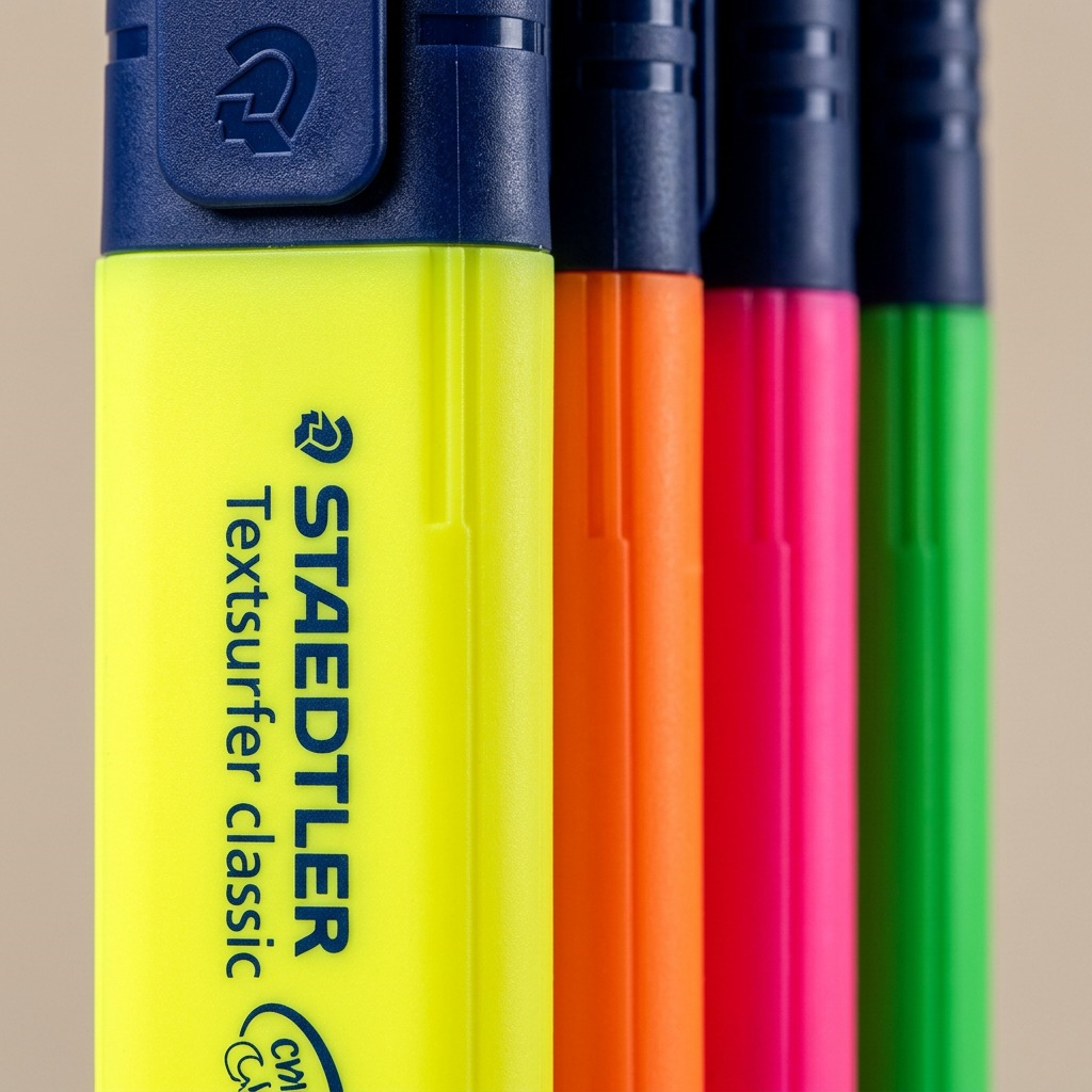An extreme macro photograph detailing the precise edges and material quality of the STAEDTLER Textsurfer highlighters.