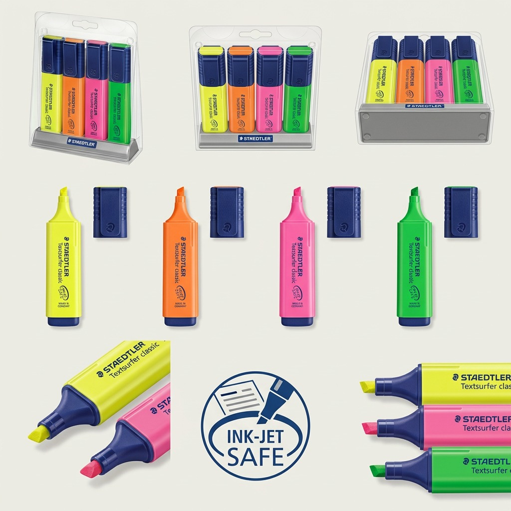 Multiple views of STAEDTLER Textsurfer highlighters, including sets, uncapped pens, and tip details.