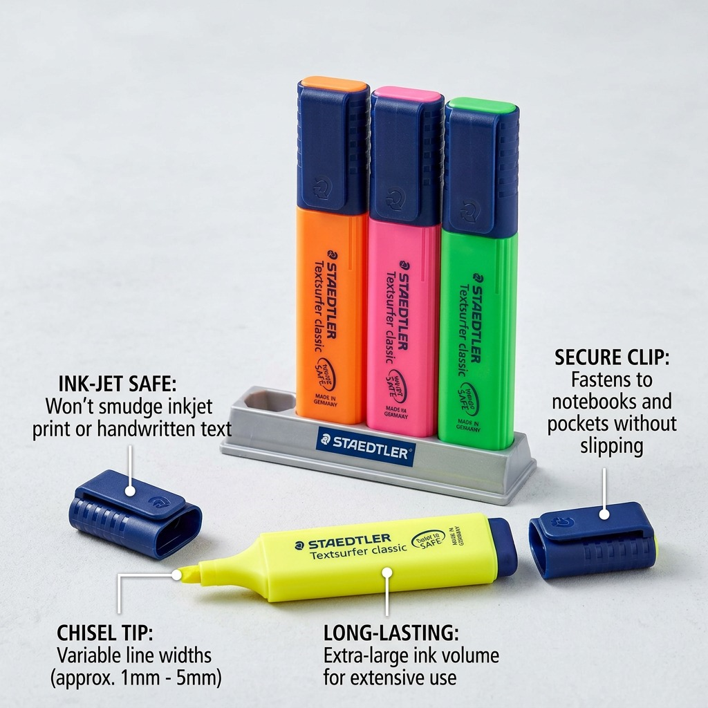 A detailed diagram calling out key operational features of the STAEDTLER Textsurfer classic highlighters.