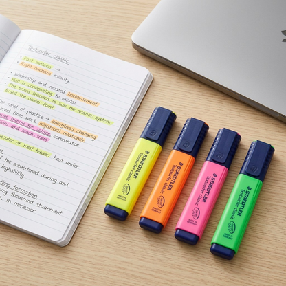 A flat lay photo on a wooden desk shows four colorful STAEDTLER Textsurfer classic highlighters: yellow, orange, pink, and green, lying next to an open notebook with handwritten notes and a laptop. Natural window light.