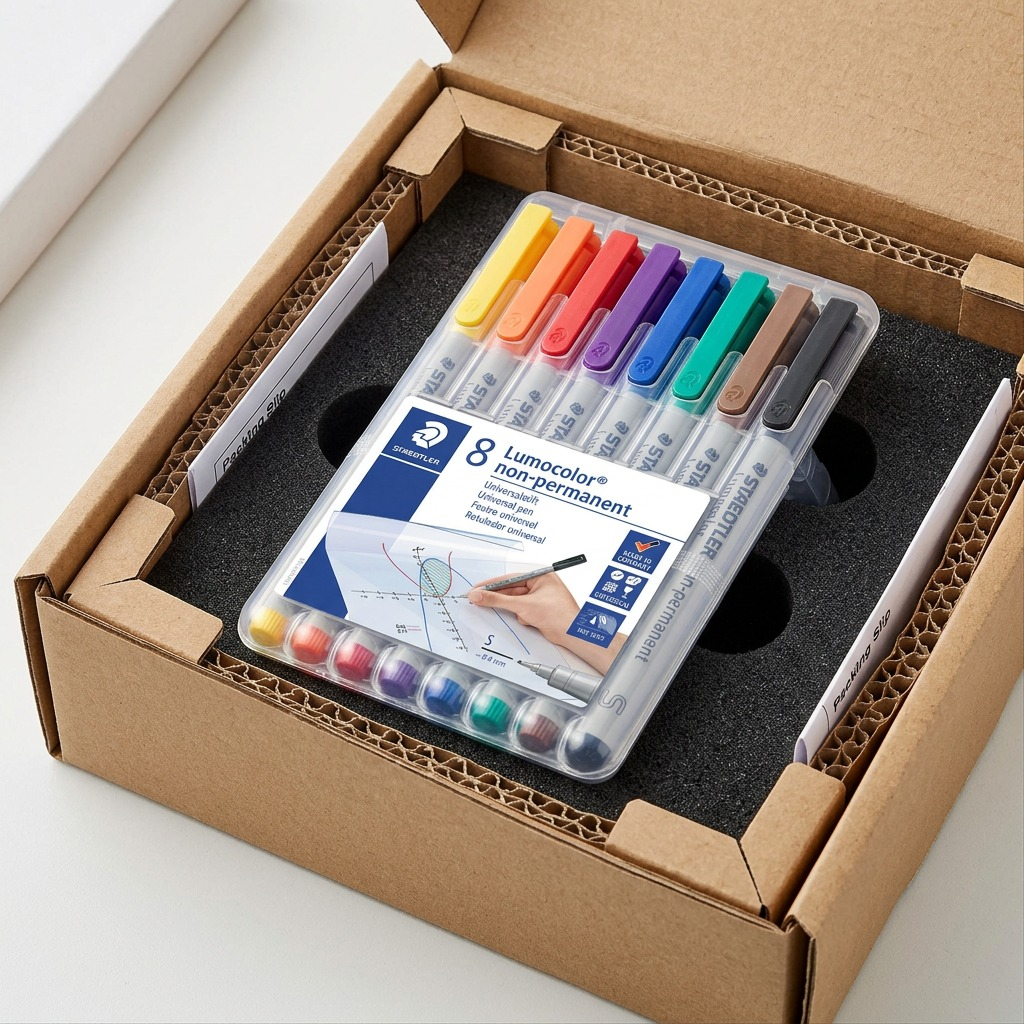 A premium unboxing view showing the STAEDTLER Lumocolor set in secure, protective foam and cardboard.