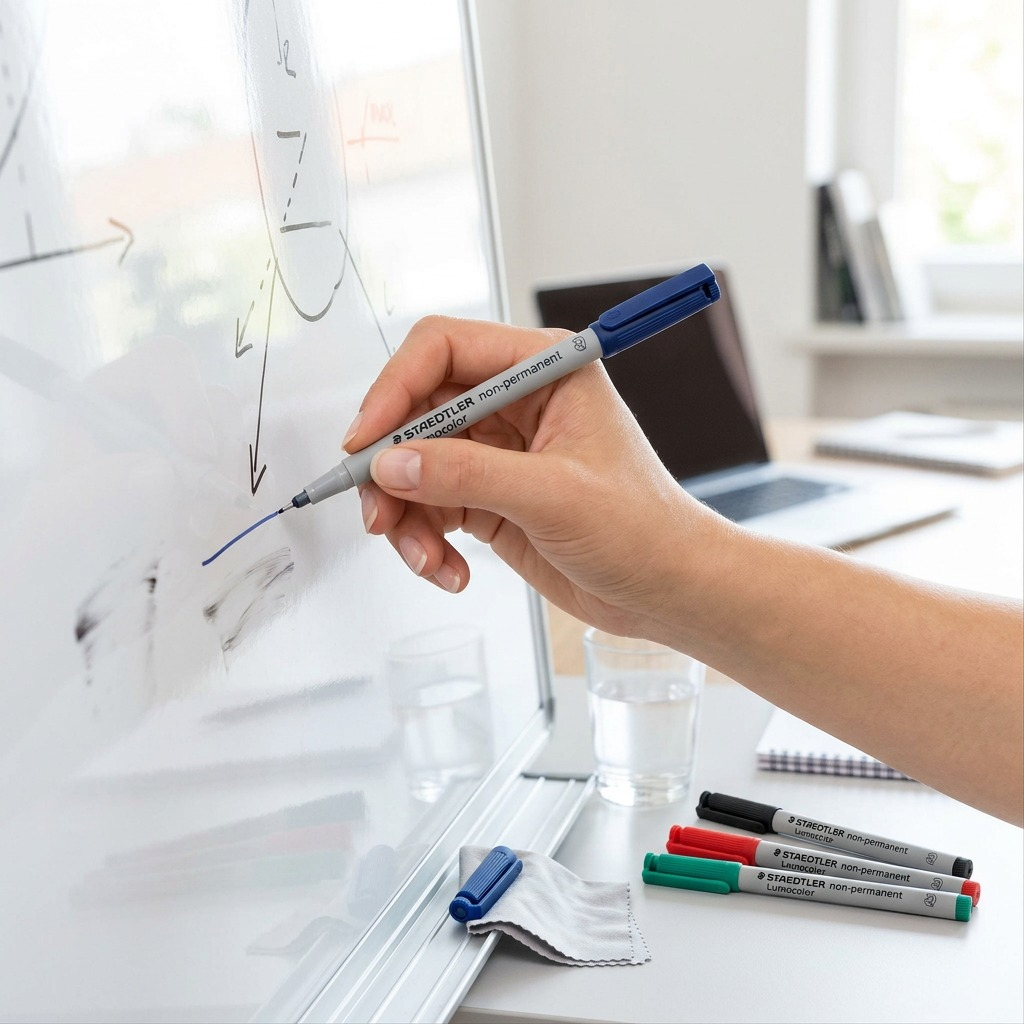 A detailed lifestyle photo of the STAEDTLER non-permanent markers being used on a whiteboard, with the wet-wipe erase feature demonstrated.