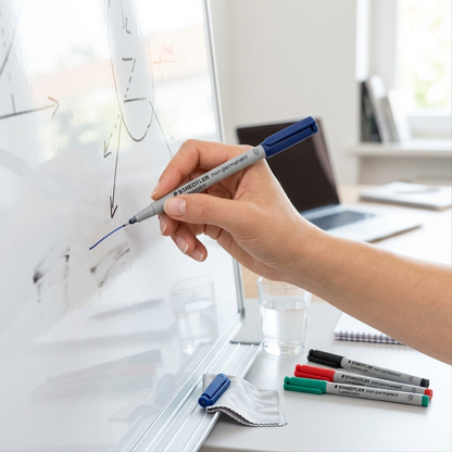 A detailed lifestyle photo of the STAEDTLER non-permanent markers being used on a whiteboard, with the wet-wipe erase feature demonstrated.