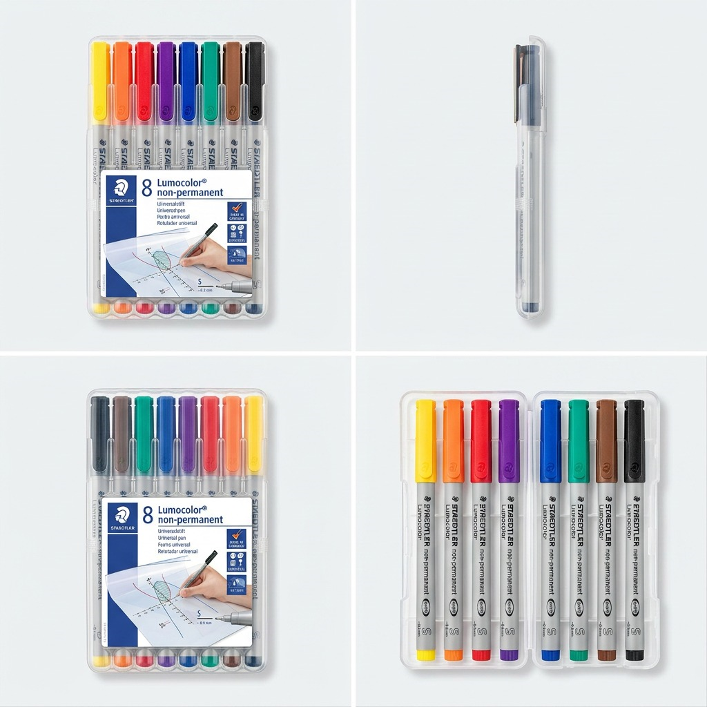 STAEDTLER Lumocolor non-permanent fineliner markers, 8-color wallet. Multi-angle product view grid.