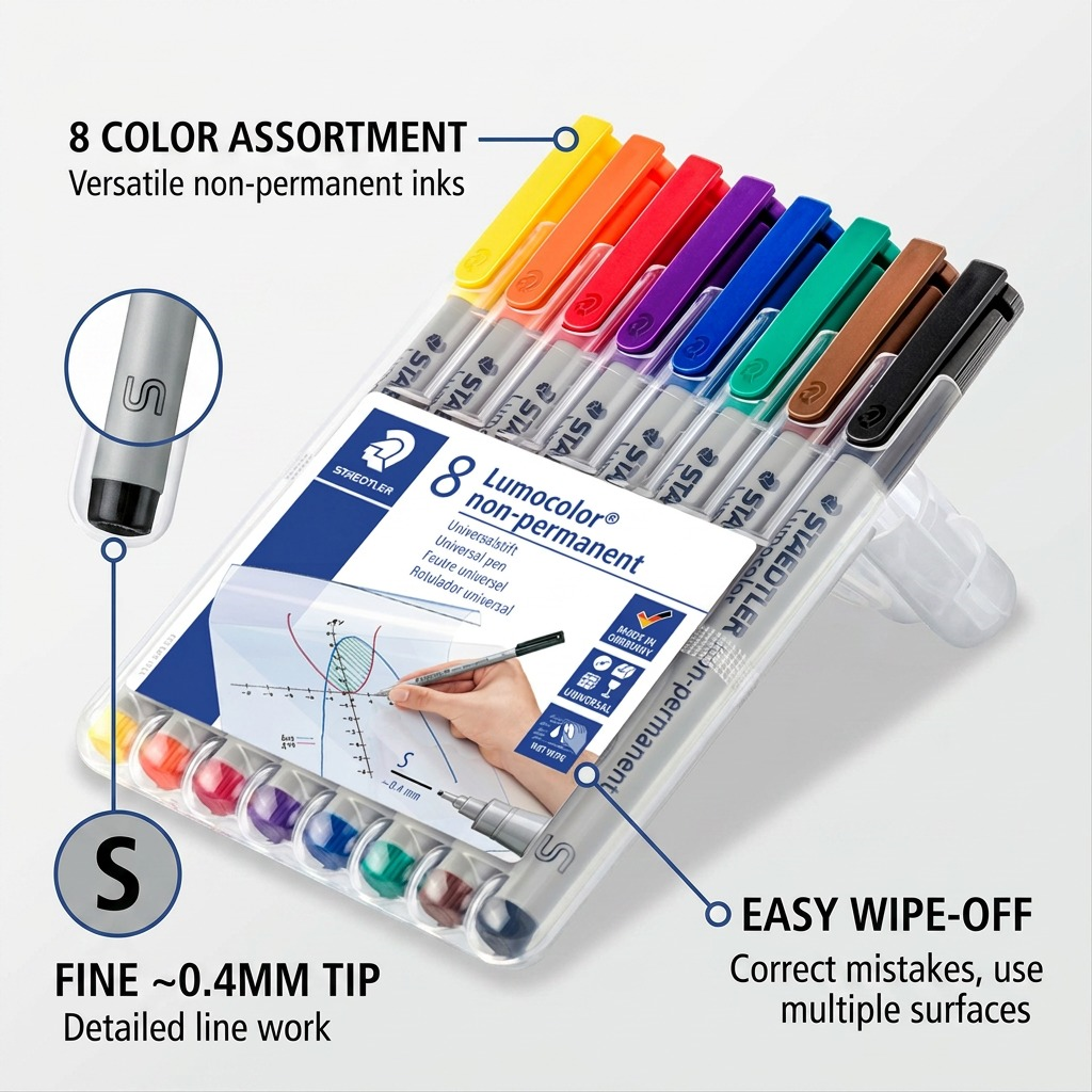 A product feature callout graphic of the STAEDTLER Lumocolor non-permanent fineliner pen set of 8. Three minimal labels highlight key operational features: '8 COLOR ASSORTMENT' with the claim 'Versatile non-permanent inks', 'FINE ~0.4MM TIP' with 'Detailed line work', and 'EASY WIPE-OFF' featuring the benefit 'Correct mistakes, use multiple surfaces'. Clean lines with circular pointers indicate relevant sections on the packaged item.