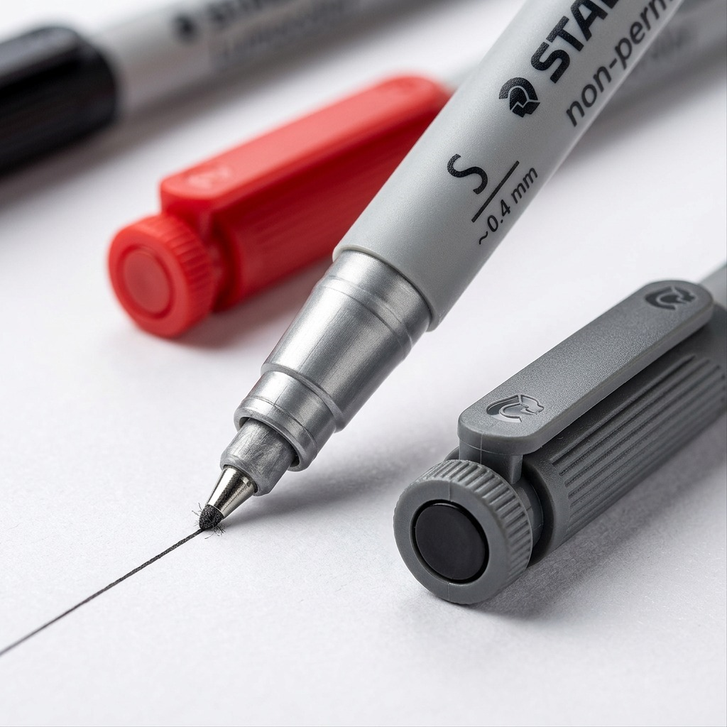 Macro close-up shot of the super-fine tip of the grey STAEDTLER Lumocolor marker.