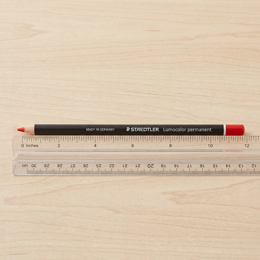 A close-up image showing a STAEDTLER Lumocolor permanent glasochrom dry marker placed alongside a transparent plastic 12-inch ruler on a light wood desk, offering a clear scale reference.