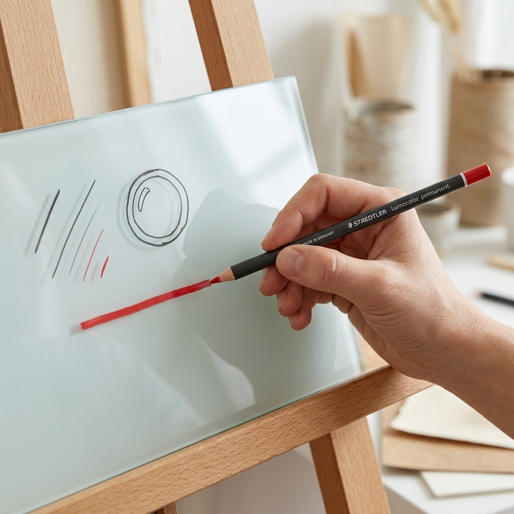 Lifestyle photo: STAEDTLER Lumocolor permanent red dry pencil being used on smooth glass surface for bold, waterproof marking. (Alt: 106 characters)