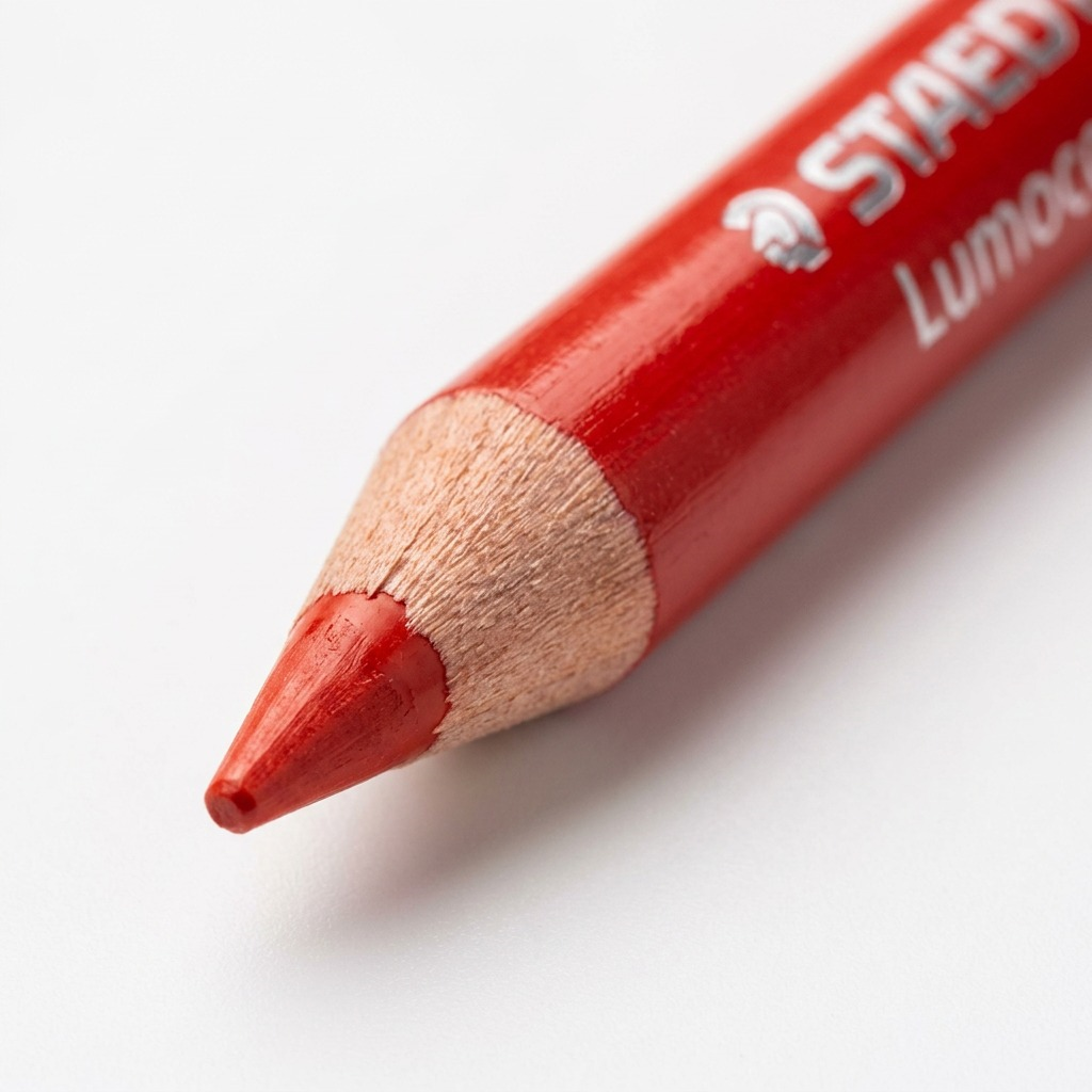 Macro detail of the red wax tip and wooden sharpening cone of the STAEDTLER glasochrom dry marker.