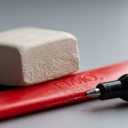 Extremely detailed close-up of a small, textured Fimo block's surface next to a portion of the modelling tool. The matte finish of the clay reveals tiny particles, contrasting with the glossy red plastic of the tool. Focused depth of field highlighting surface imperfections and the clear brand logo.