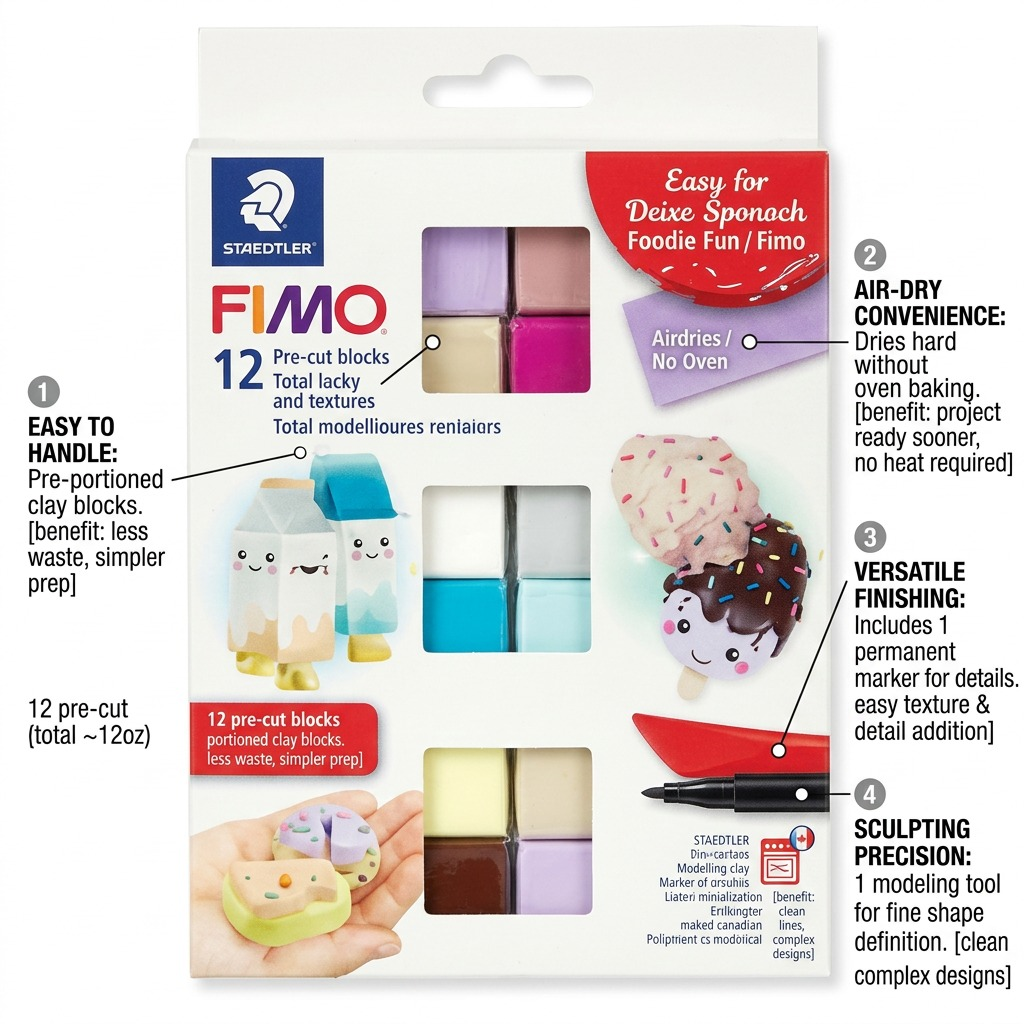 A clean ecommerce feature graphic showcasing 12 Fimo modeling clay blocks on the side of the box, with short callouts explaining and demonstrating key operational benefits. Text is concise and very legible.