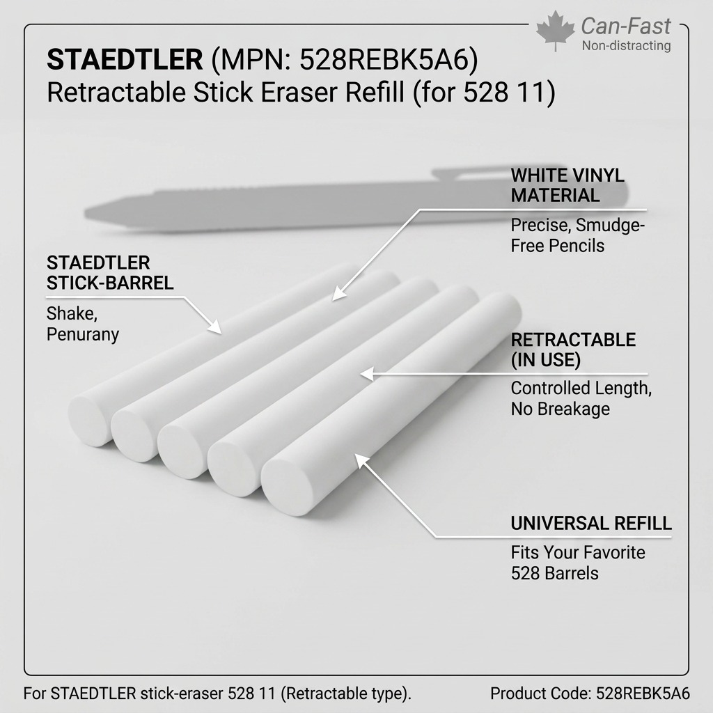 Feature graphic for STAEDTLER eraser refills (528REBK5A6) highlighting key benefits like retractable control and fit for 528 barrels.