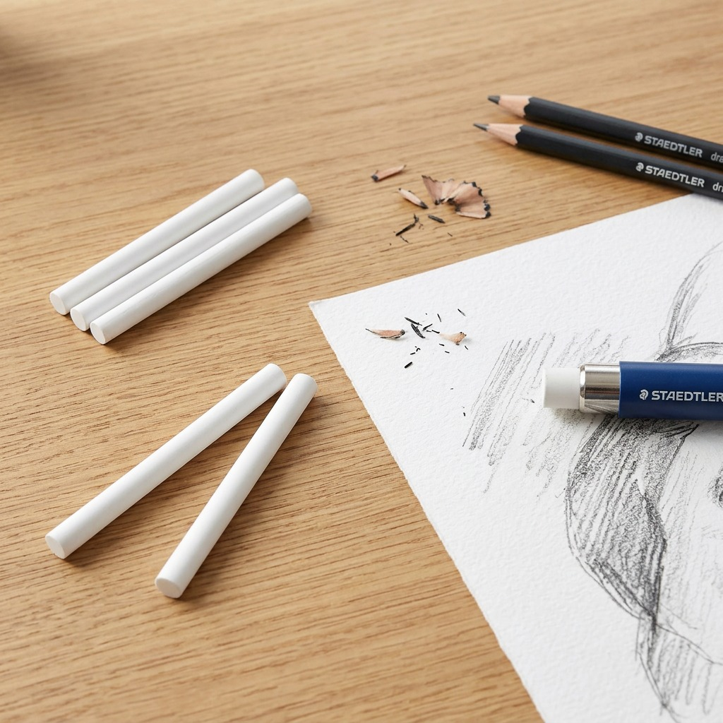 STAEDTLER eraser refills on a drawing, one being inserted into a holder, lifestyle context.