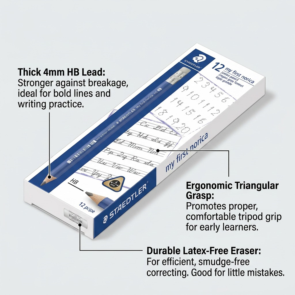 A feature graphic highlighting the Staedtler 'my first norica' jumbo pencil, showcasing its thick 4mm HB lead for break resistance and its ergonomic triangular shape for easy gripping, ideal for early writing skills.