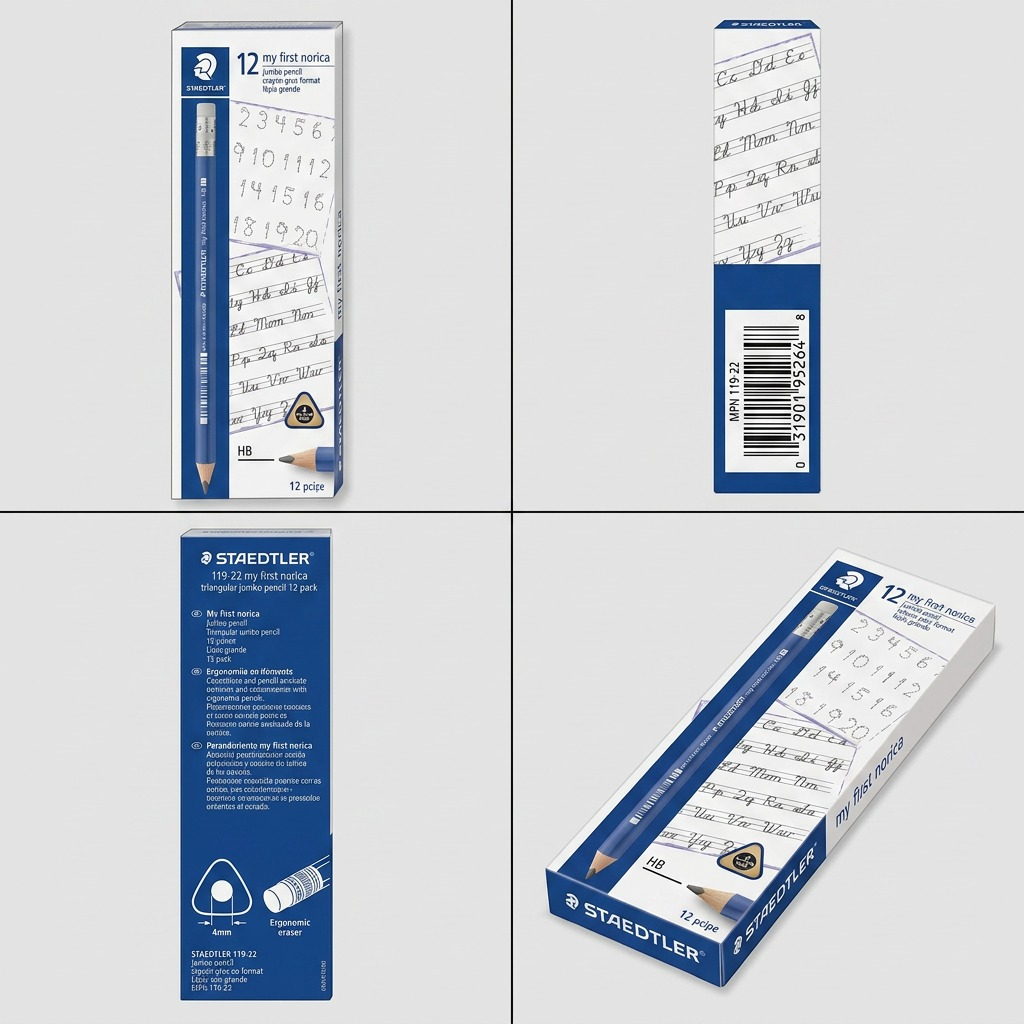PDV matrix of four STAEDTLER TRIANGULAR 119-22 12-packs against a clean blue background grid.