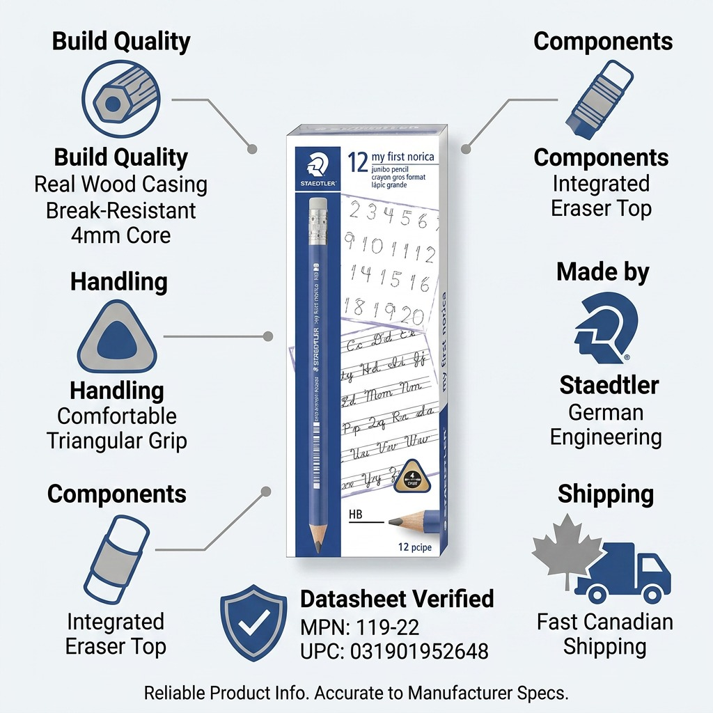 Datasheet-verified infographic matrix for Staedtler pencils with factual build and shipping cues.