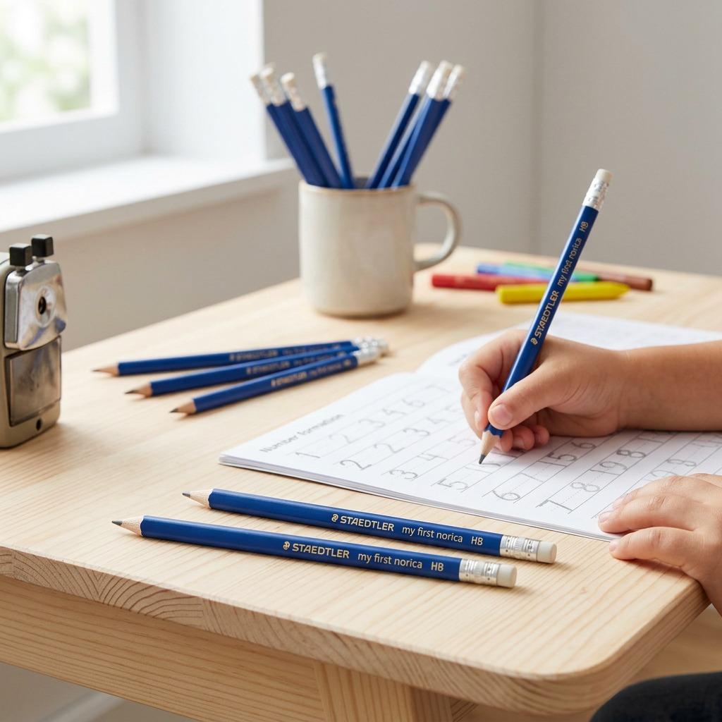 A lifestyle image showing two STAEDTLER TRIANGULAR PENCILS on a simple desk, with a child's hand using one.