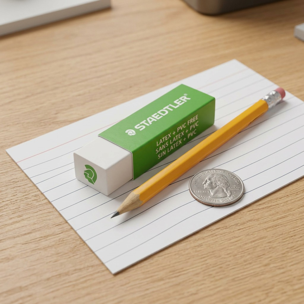 Scale comparison: STAEDTLER Mars plastic eraser (approx. 65 x 23 x 13 mm) rests on a lined index card next to a standard yellow graphite pencil.