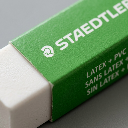 Macro photograph shows texture of green sleeve and edges of STAEDTLER latex-free eraser, 525C05LSA6.