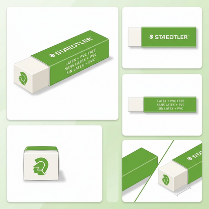 An ecommerce grid displaying a Staedtler green-sleeved eraser from front, top, side, and rear angles, with a scale reference.