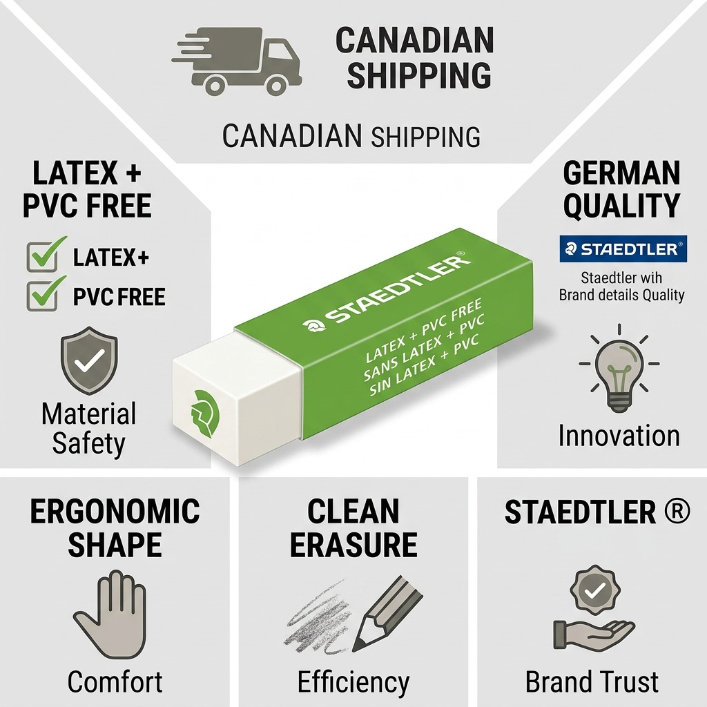 Product confidence infographic for Staedtler green-sleeved latex-free eraser featuring trust-building factual icons and text.