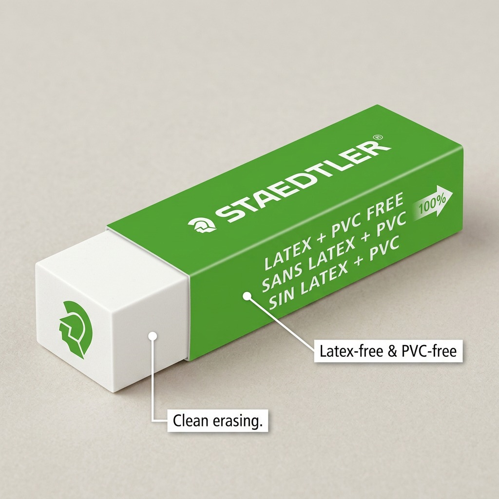 An infographic highlighting features of the STAEDTLER Mars plastic latex-free eraser.<ctrl46>