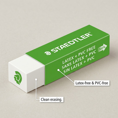 An infographic highlighting features of the STAEDTLER Mars plastic latex-free eraser.<ctrl46>
