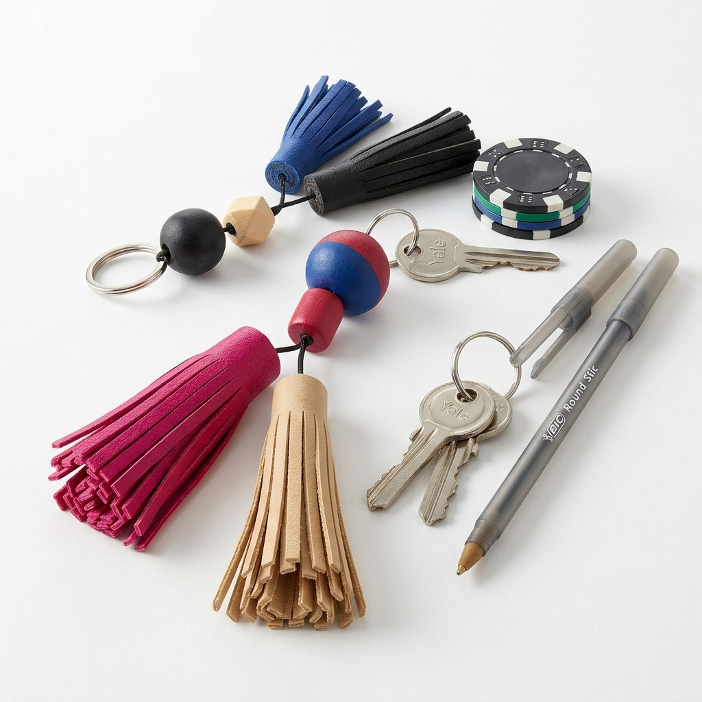 Finished FIMO Leather Effect tassels and keychains shown next to keys and a pen for size understanding.