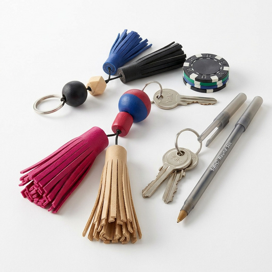 Finished FIMO Leather Effect tassels and keychains shown next to keys and a pen for size understanding.